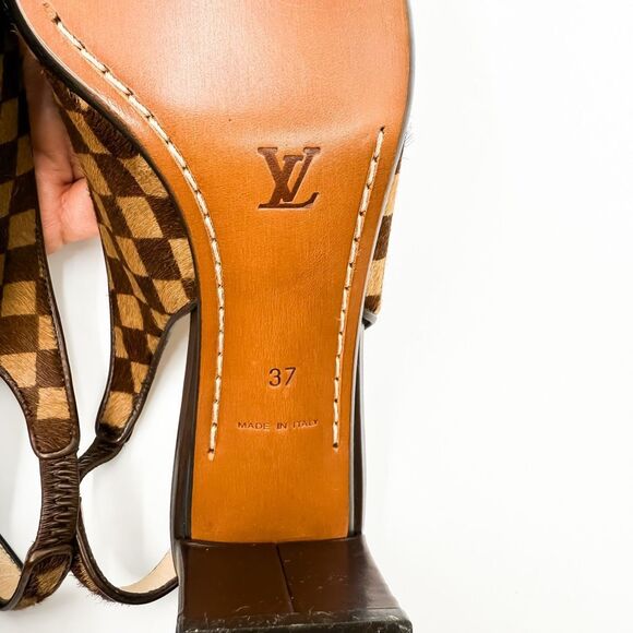 Louis Vuitton LV Damier Ebene Checked Calf Hair Bow Square Toe Slingback Pump - Picture 10 of 12